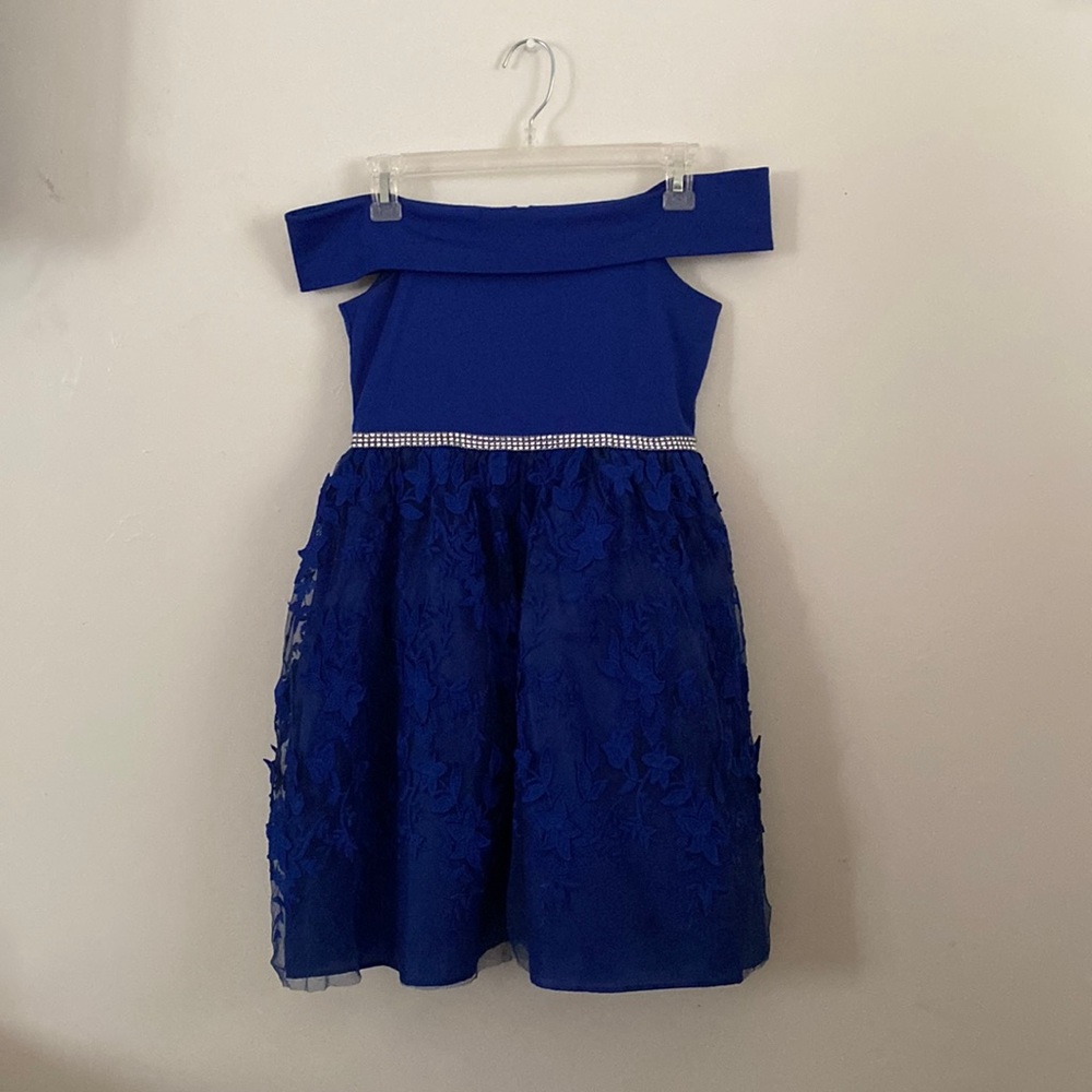 Royal Blue, off the shoulders dress.